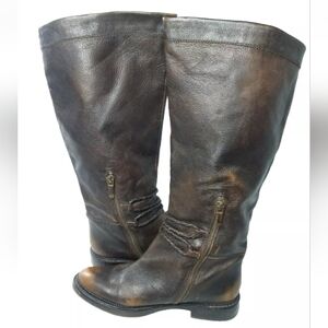 B Makowsky Women's Leather Riding Boots Size 7.5 Buckle & Zip Accents Brown